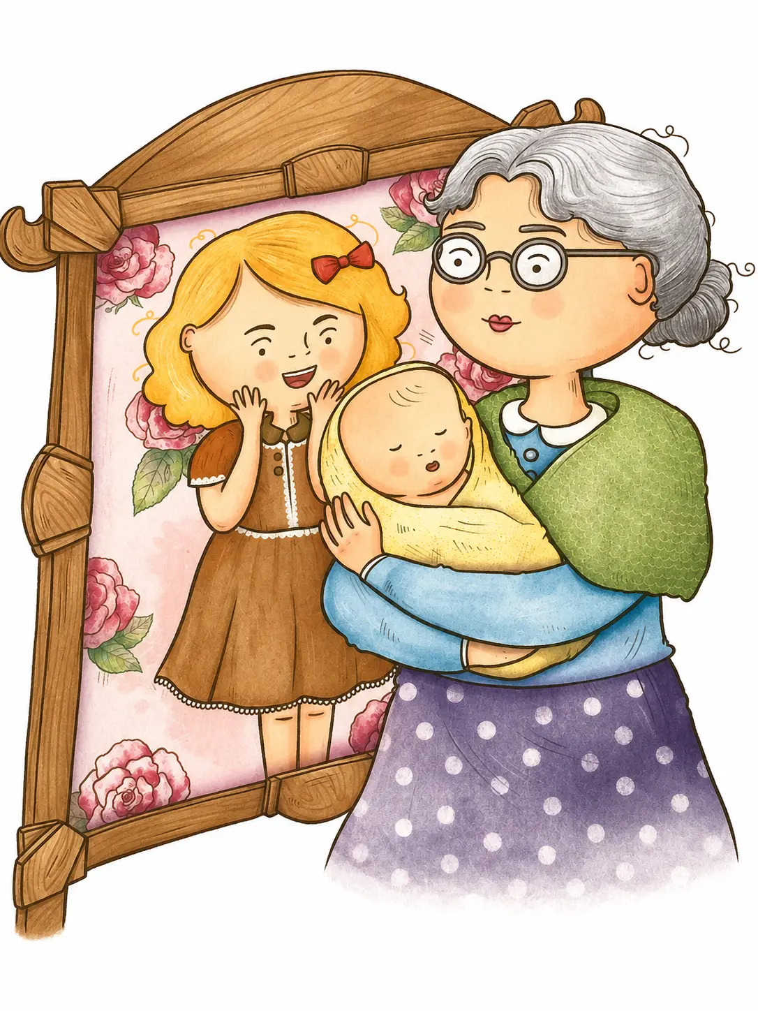 A grandmother holding a baby beside an old framed photo