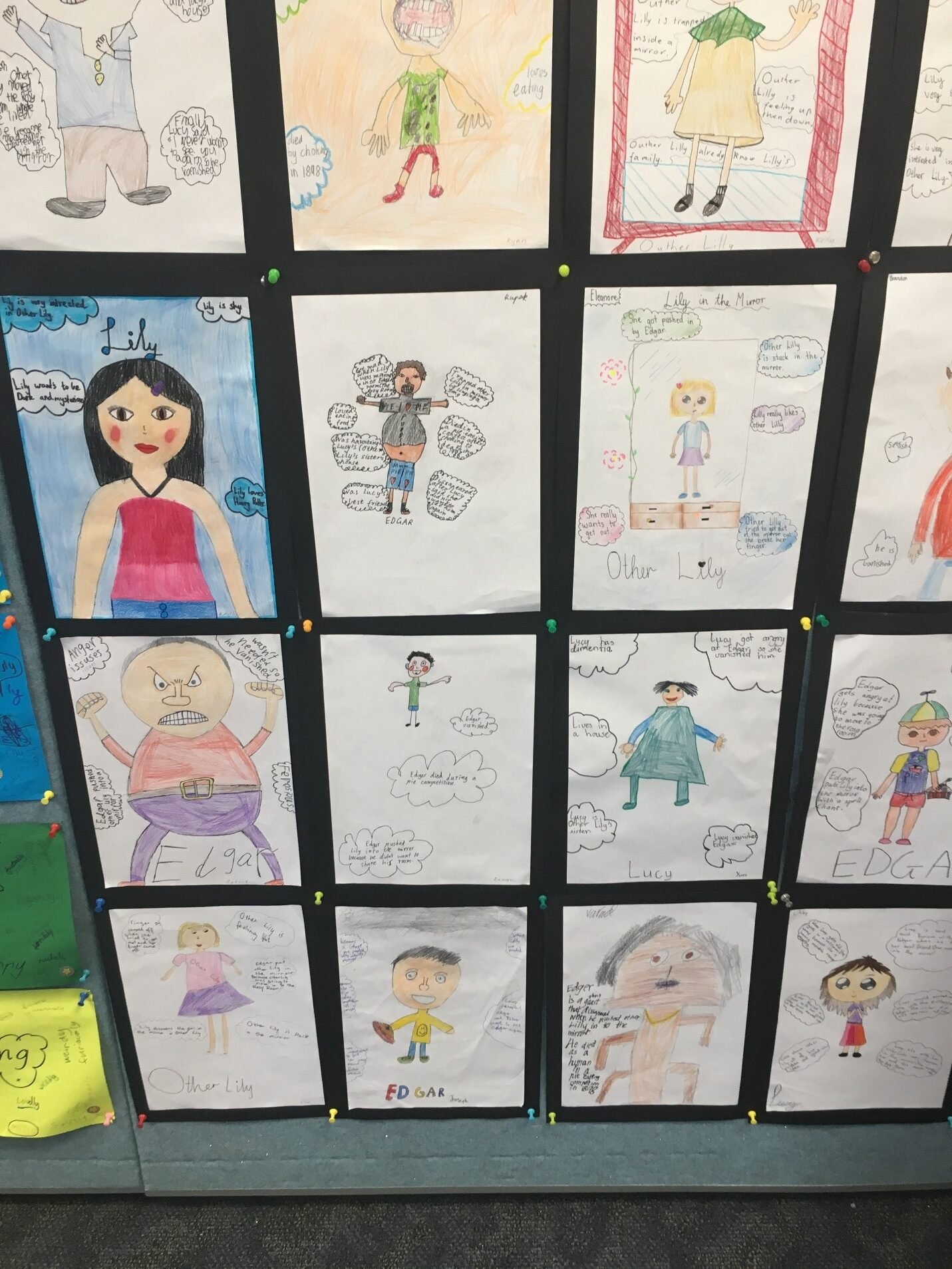 A board of student drawings inspired by the Lily Griffin characters